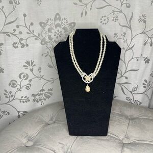Double Strand Pearl Necklace with Crystal Pendant handmade
